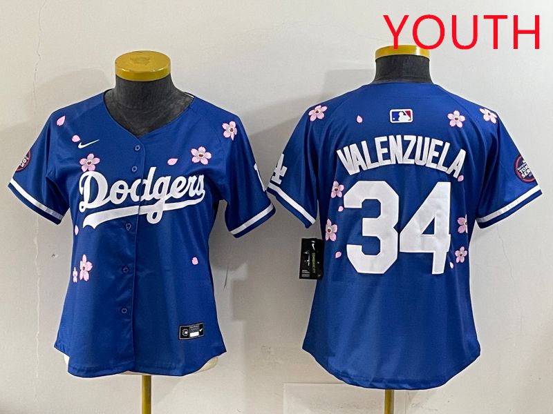 Youth Los Angeles Dodgers 34 Valenzuela Blue Sakura Edition 2025 Nike MLB Jersey style 31